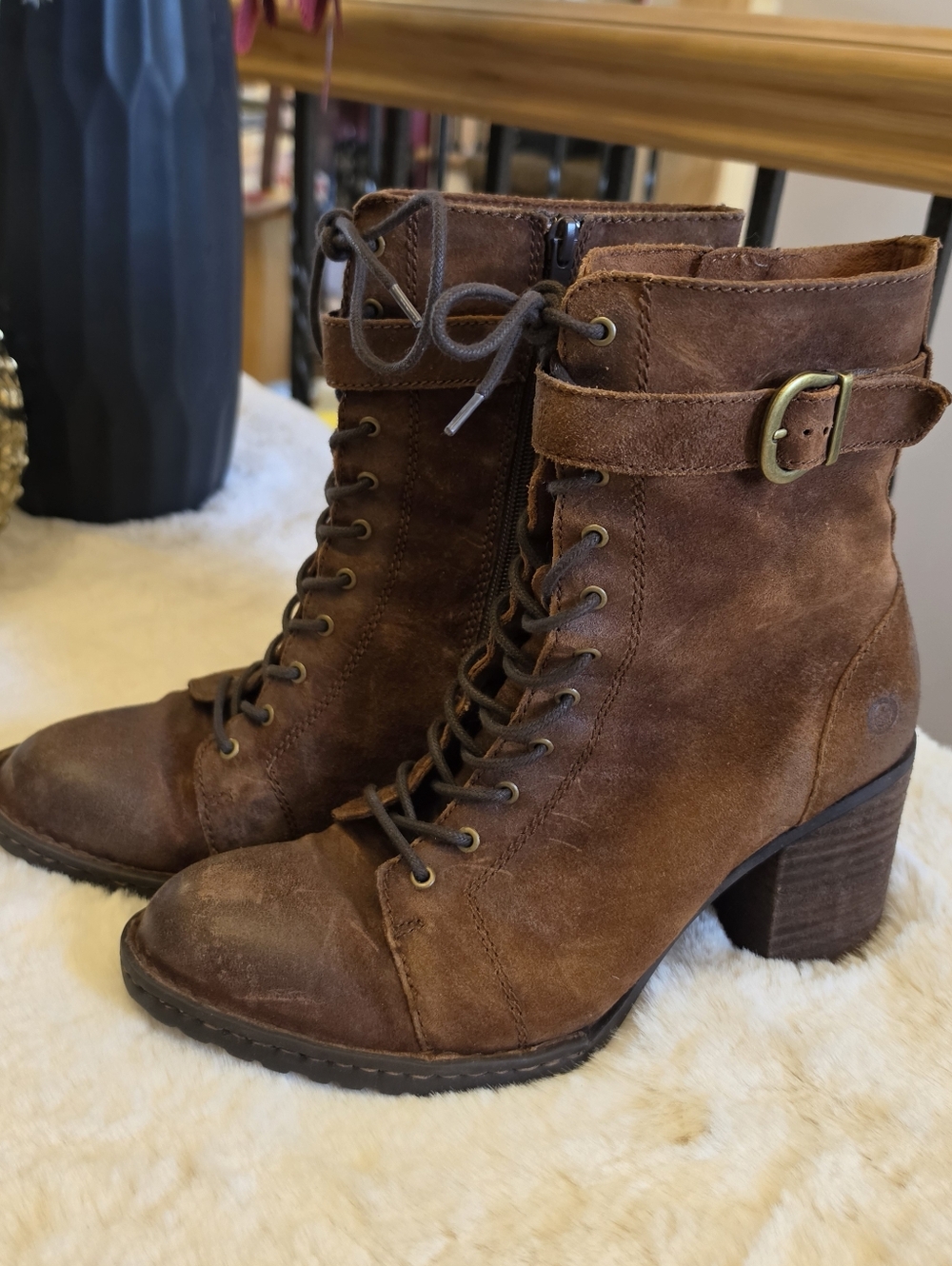 Born Brown Leather Lace-Up Heel Boots